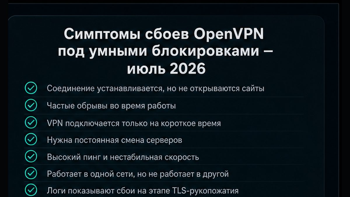 Иллюстрация: OpenVPN не работает в июле 2026: симптомы и контекст «умных блокировок»