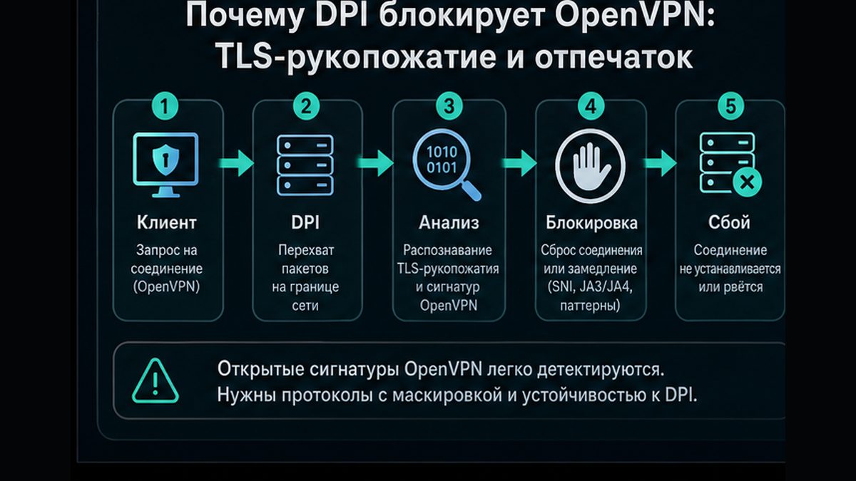 Иллюстрация: Почему не работает OpenVPN: DPI блокирует TLS-handshake и fingerprint