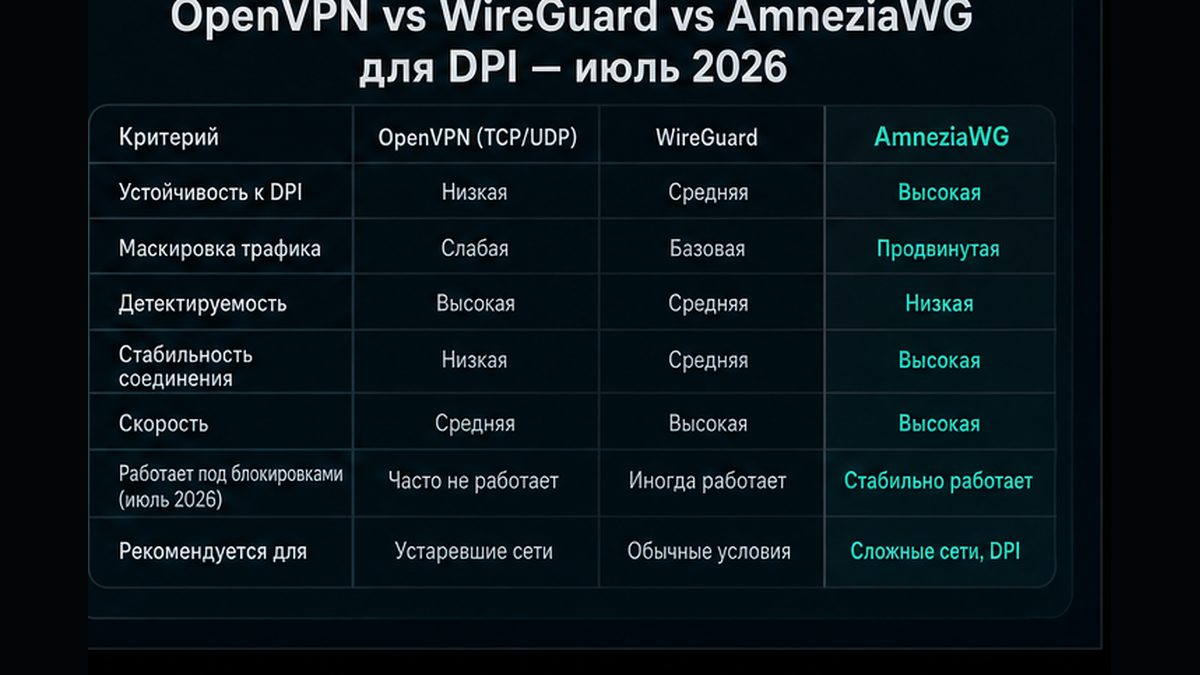Иллюстрация: OpenVPN vs WireGuard vs AmneziaWG: что выбрать под DPI в июле 2026