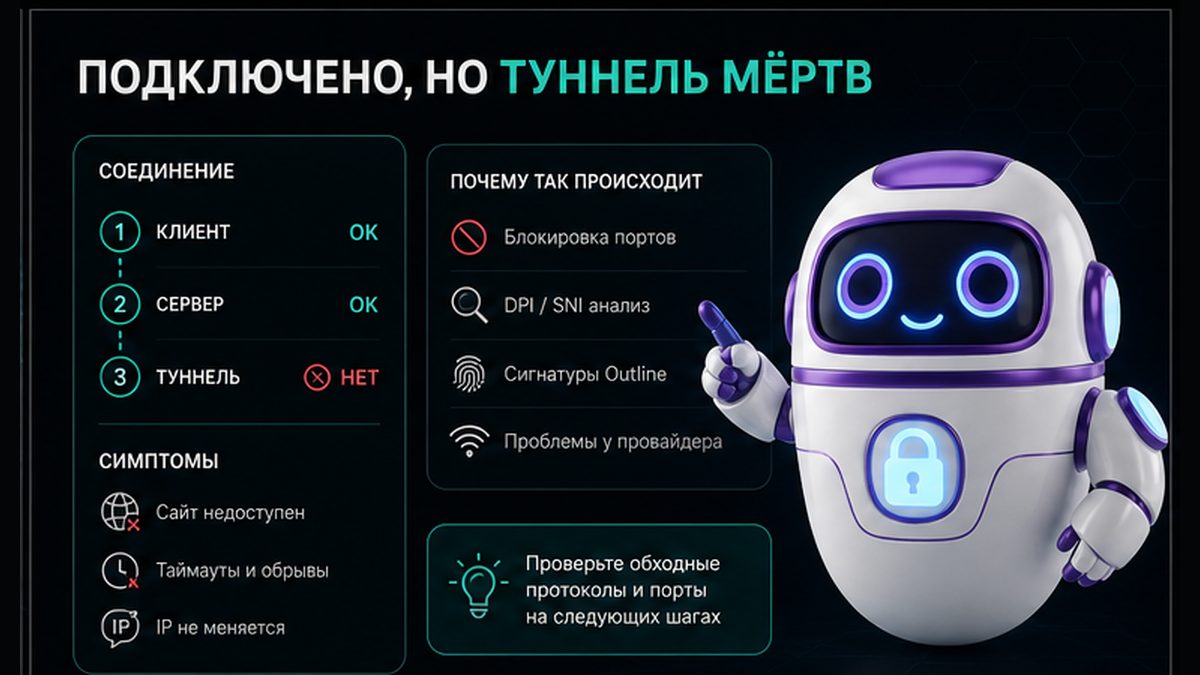 Иллюстрация: Почему Outline пишет «Подключено», а туннель мёртв